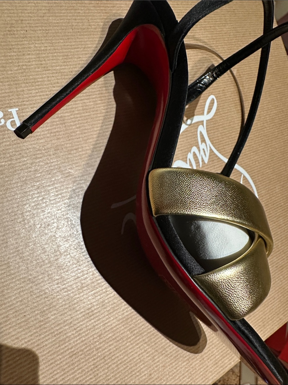 Christian Louboutin Gold and Black Strappy Stiletto Sandals - Picture 6 of 6